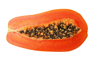 Fresh half ripe papaya with seed isolated on white background top view close up