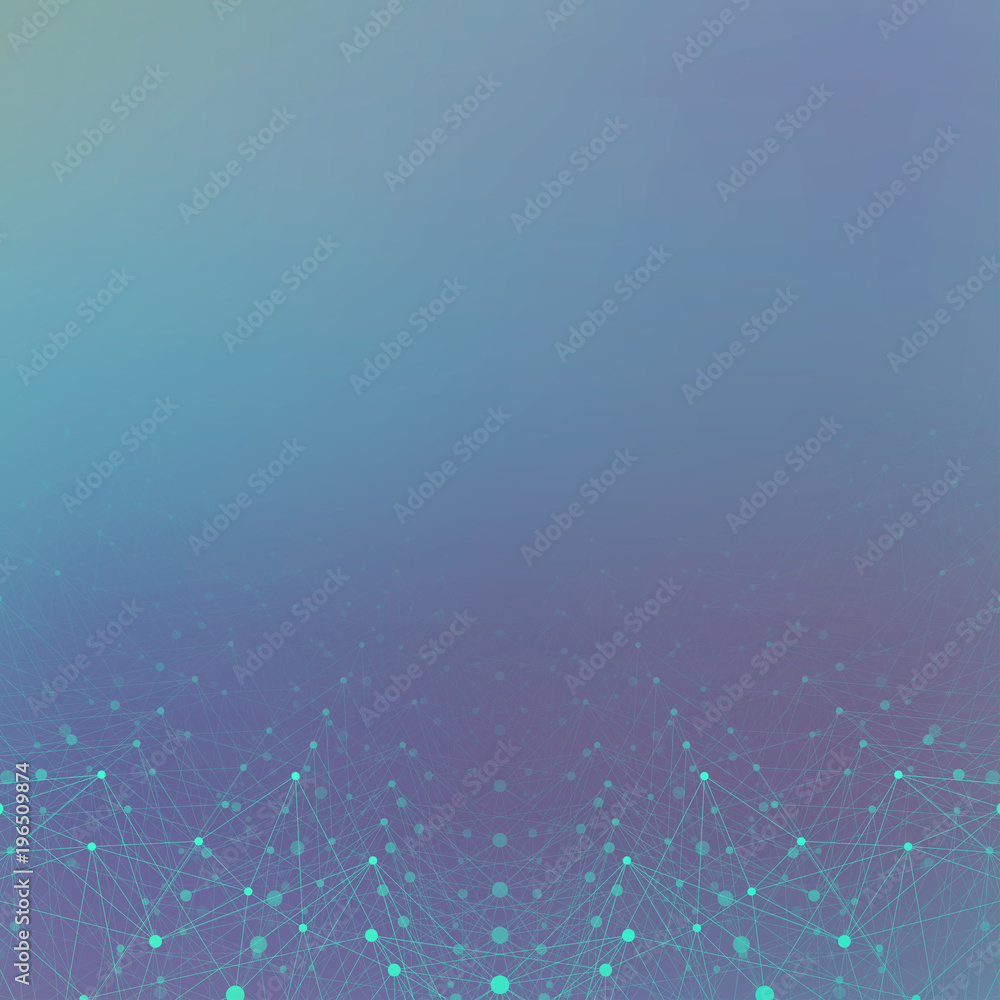 Poster geometric blue background molecule and communication. connected line with dots, illustration