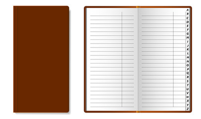 Open and closed Phone book with Latin alphabet on the pages. The pages of the book are lined. Can be used as a template for design. Vector illustration.
