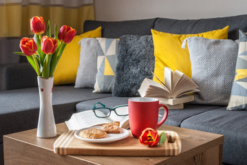 Enjoy your free time with a cup of coffee, a sweet cookie and your favorite book. Scandinavian style sofa with pillows.