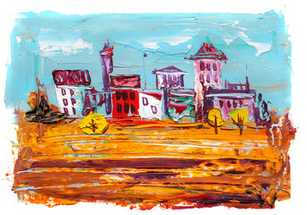 Abstract painting of city buildings