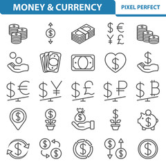 Money and Currency Icons. Professional, pixel perfect icons depicting various finance, money and currency concepts. EPS 8 format.