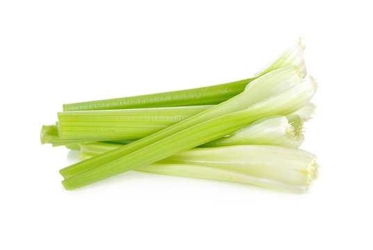 cut fresh celery stem without leaf on white background
