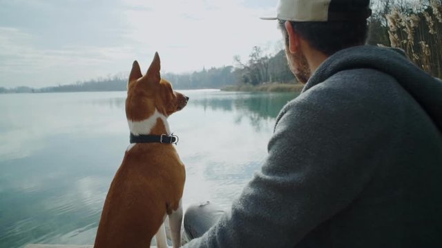 Camera moves toward best friends, young adult man wearing casual clothing and his pet, adorable basenji dog. They both sit and chill on the edge of wooden pond above crystal water of montain lake