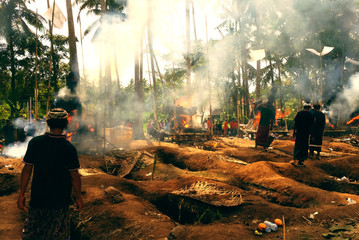 Ubud, Bali - September 29, 2017: People burning animal sculptures during a traditional balinese...