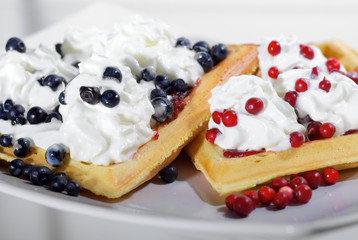Homemade waffles with fresh blueberries and cranberries