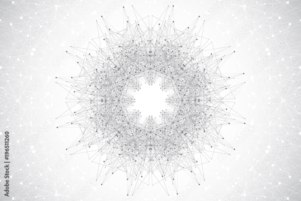 Poster geometric abstract round form with connected line and dots. minimalism chaotic background. linear si