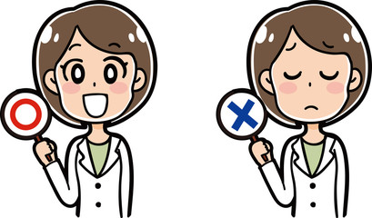 マルバツの札を持った女医のイラスト