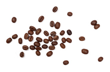 Coffee beans pile isolated on white background and texture, top view
