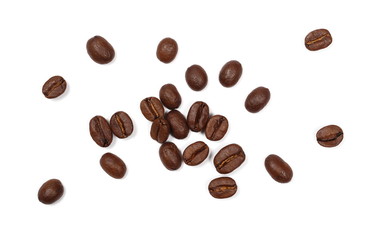 Coffee beans pile isolated on white background and texture, top view
