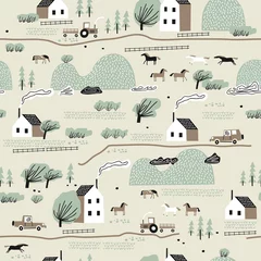 Foto op Aluminium Seamless colorful pattern with house,trees, horses and hills. Nordic nature landscape concept. Perfect for kids fabric,textile,nursery wallpaper. © bukhavets