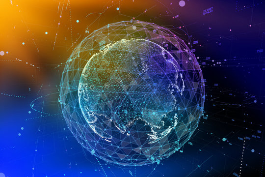 Abstract sphere shape of glowing global communication. Global Network connection visualization . Futuristic earth globe . Science and technology background. 3d illustration.
