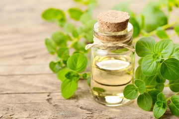 Oregano oil and fresh oregano leaves on the wooden table