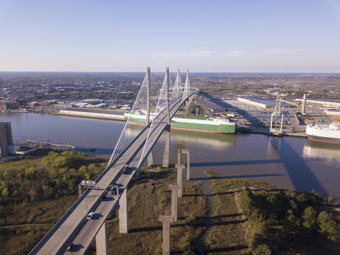 Aerial shot of the Talmadge Memorial bridge in Savannah, Georgia.