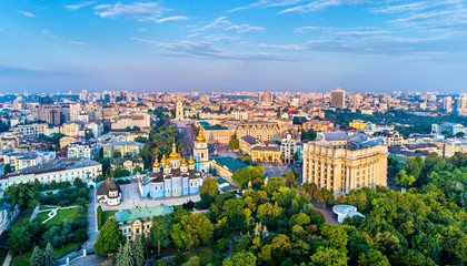 Aerial panorama of St. Michael Golden-Domed Monastery, Ministry of Foreign Affairs and Saint Sophia Cathedral in Kiev, Ukraine