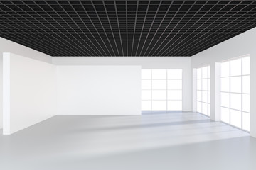 White billboard in an empty office with large windows and beautiful diffused light from the window. 3D rendering.