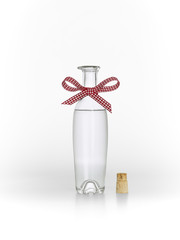 Flasche mit roter Schleife und Korken, klare Flüssigkeit