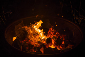 Fire burning in a barbecue, in a hike outside the city in the forest