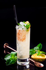 Alcoholic Cocktail - Yellow Orange drink with slice lemon, green mint in a glass with cube ice in shaker on a black background restaurant. Alcohol bar, copy space.