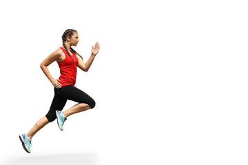 Fototapeta na wymiar Sportlerin joggt vor weißem Hintergrund