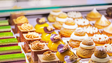Pies in a market showcase