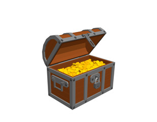 Wooden chest with golden coins. Isolated on white background.