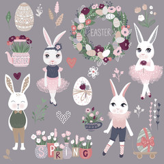 Vector Set of cute Happy Easter cartoon characters and design el