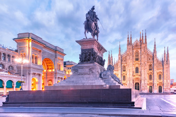 Piazza del Duomo, Cathedral Square, with Milan Cathedral or Duomo di Milano and Galleria Vittorio Emanuele II, during morning blue hour, Milan, Lombardia, Italy