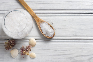 bath salt on white wood table