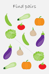 Find pairs of identical pictures, fun education game with different vegetables for children, preschool worksheet activity for kids, task for the development of logical thinking, vector illustration