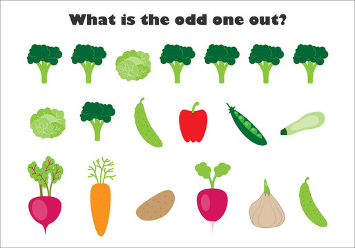 What is the odd one out for children, vegetables in cartoon style, fun education game for kids, preschool worksheet activity, task for the development of logical thinking, vector illustration