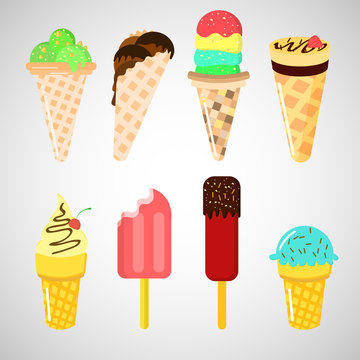 Set of vector ice cream in flat design. Vector illustration, cartoon ice cream set.