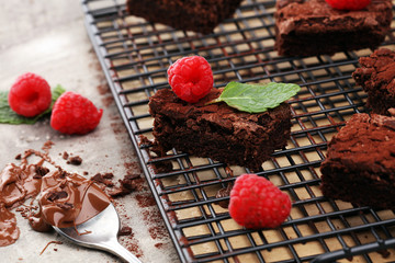 homemade chocolate brownies on rustic table. brownie bakery.