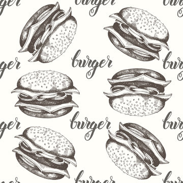 Seamless pattern with hand drawn burgers. Vector fast food background. Design for menu, advertising and banners. Sketch. Pattern can be used for wallpaper, web page background, surface textures.