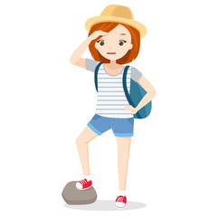 Girl in vacation - young woman on holidays, mountain vacation, trekking, nature. Cute vector character in flat style.