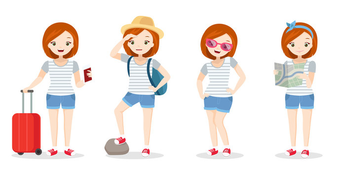 Girl in vacation - young woman on holidays, different types, in airport with trolley, mountain vacation, beach vacation, city vacation. Cute vector character in flat style.