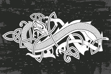 Obraz premium Celtic two-headed dragon with national ornament intertwined ribbon on a gray background with the aging effect.