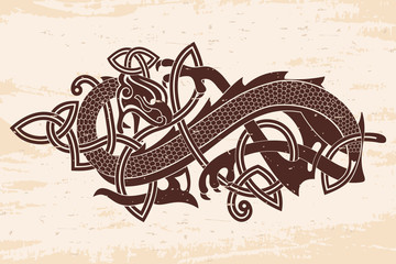 Obraz premium Celtic two-headed dragon with national ornament intertwined ribbon on a beige background with the aging effect.
