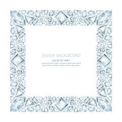 Vector square frame from realistic silver gems and jewels on white background. Shiny diamonds jewelry design elements.