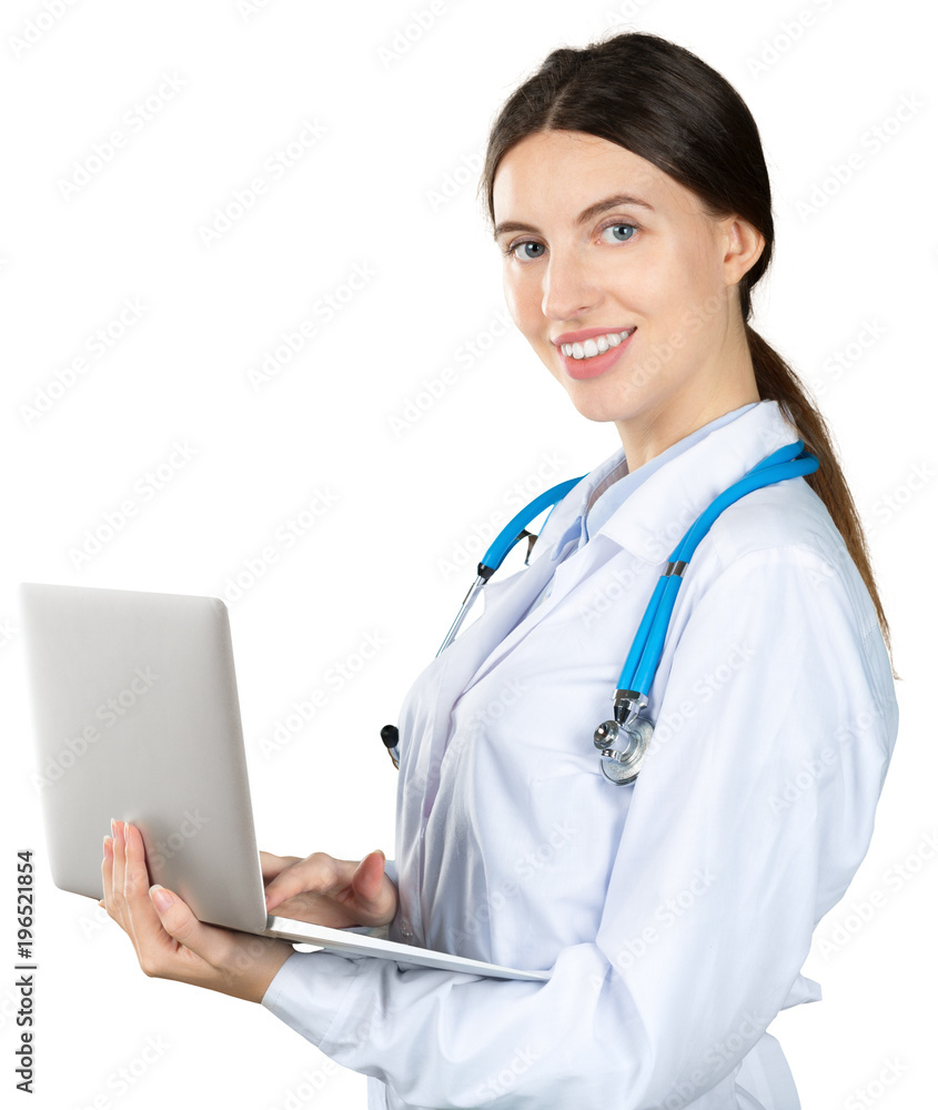 Sticker female doctor holding laptop. isolated on white