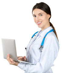 Female Doctor Holding Laptop. Isolated On White