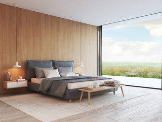 modern bedroom in a apartment with view. 3d rendering