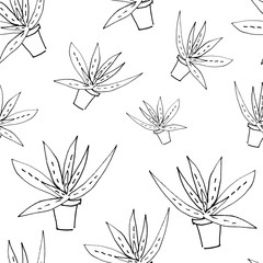 vector seamless pattern of aloe sketch drawn by black marker on white background