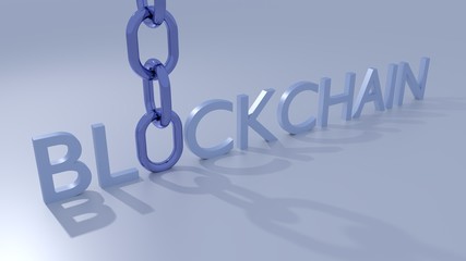 Naklejka premium The word blockchain on a shiny floor where the o is repaced by an element of the chain