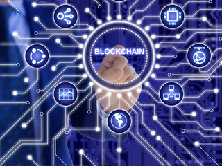 IT expert clicking inside circular circuit board surrounded by technical and financial symbols blockchain technology concept