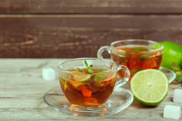 Cup of tea on wooden table