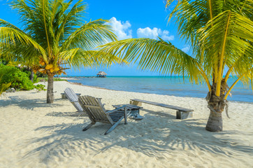 Paradise beach in Placencia, tropical coast of Belize, Caribbean Sea, Central America. - obrazy, fototapety, plakaty