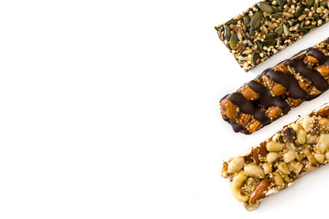 Muesli bars isolated on white background. Top view. Copyspace