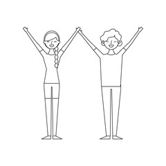 couple of young raised arms people characters vector illustration thin line