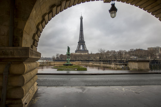 The Eiffel Tower as seen from under the Pont du Bir-Hakeim in Paris, France.